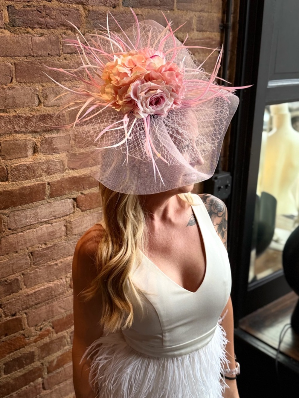 Blush Pink Floral Fascinator with Veil and Feather Accents